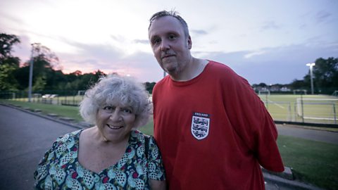 The importance of friends Jon, who features on Miriam’s Big Fat Adventure, stands next to Miriam in his football shirt having just played a game