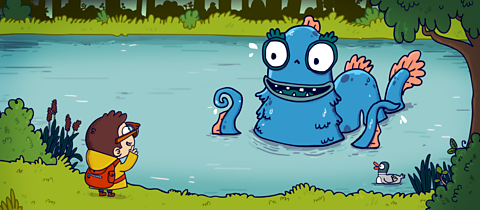 Fred comes across Swithe, a big monster covered in fins swimming in a river.