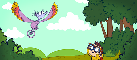 Fred looks up at Flite, a bird monster with huge wings.