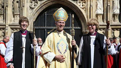 The Archbishop of Canterbury with the Bishops of Gloucester and Crediton.