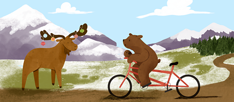 Bear riding his tandem meets moose with baubles on his antlers.