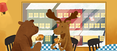 Bear and Moose eating crêpes in a café with a view of a snowy street scene through the window.