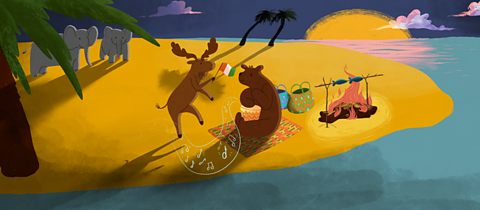 Bear plays the drum on the beach as Moose dances and elephants look on.