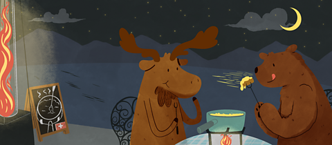 Bear and Moose eat fondue at a restaurant by the shore of the lake.