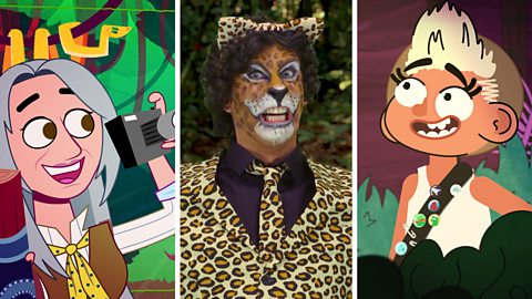 Captions from three Bring the Noise videos, from left to right: Dame Evelyn Glennie, Andy Day as a cheetah and J from Sonic Explorers. 