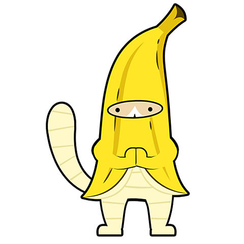 An illustration of a front-facing cat dressed in a banana costume with its hands clasped together.