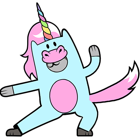 An illustration of a cat dressed up in a colourful unicorn costume, striking a martial arts pose