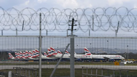 Getty Images British Airways planes are parked up in a row on March 31, 2020 in Gatwick, England (Credit: Getty Images)