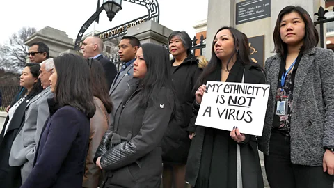 Getty Images of the Asian American Commission hold a press conference condemning racism towards the Asian American community during the Covid-19 crisis (Credit: Getty Images)