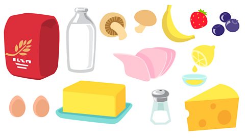 Ingredients and toppings to make a crèpe - flour, milk, eggs, butter, salt, mushrooms, banana, strawberry, blueberries, lemon, ham, cheese