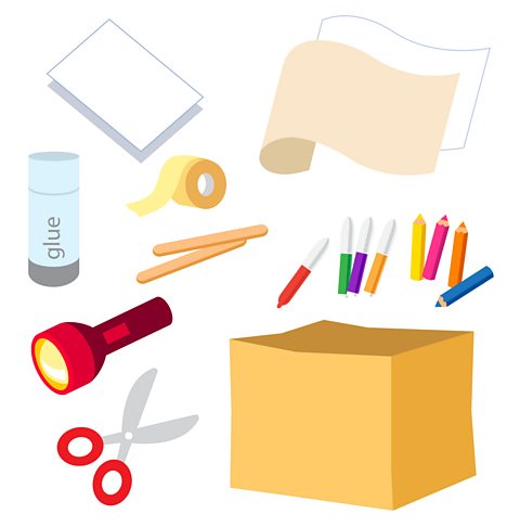 Card, safety scissors, pens, pencils, box, glue, tape, greaseproof paper, sticks, torch.