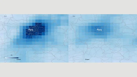 Reuters Images from the European Space Agency show NO2 emissions in Paris in March 2020 were down significantly compared with the same period in 2019 (Credit: Reuters)