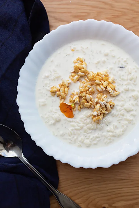 Gramme Marine Gora's riz au lait at Gramme in Paris is topped with caramel-coated puffed rice (Credit: Gramme)