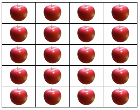 There are 5 rows of apples and 4 apples in each row.