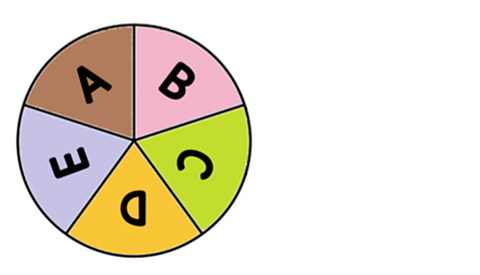 A spinner partitioned into five equal segments labelled A, B, C, D and E.