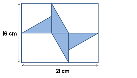 Four congruent triangles places in a rectangle with a width of 21 cm and a height of 16 cm.