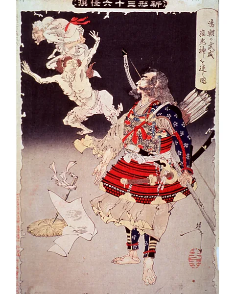 National Library of Medicine Tsukioka Yoshitoshi’s 1892 artwork shows a warrior resisting smallpox demons (Credit: National Library of Medicine)