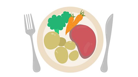 A knife and fork at the side of a plate containing meat, vegetables and potatoes.