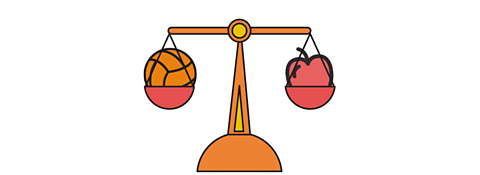 The ball is equal to the apple on the balance scale.