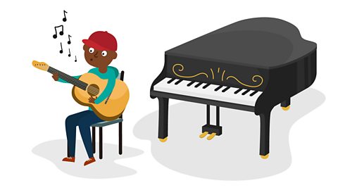 A boy playing guitar and whistling next to a grand piano.