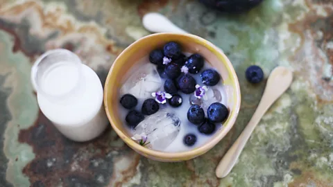 Bord För En Dessert is a family recipe: ginned blueberries with iced buttermilk and viola sugar (Credit: Bord För En)