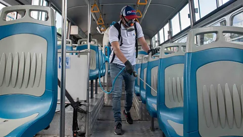 Getty Images During the coronavirus pandemic, the bus service in San Jose has been running at limited capacity with increased cleaning to maintain safety (Credit: Getty Images)