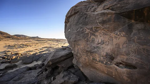 Matt Stirn Sabu's ancient petroglyphs show hippos, crocodiles, giraffes and other animals from the desert's distant past (Credit: Matt Stirn)
