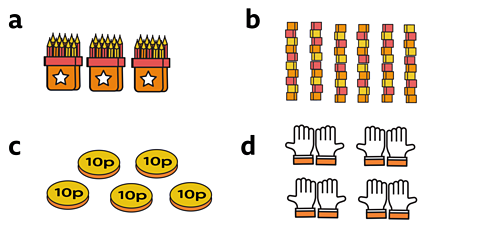 a. 5 packets of 10 pencils b. 6 towers of 10 blocks c. 5 10p coins d. 5 pairs of hands