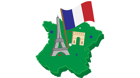 A map of France with the French flag and landmarks