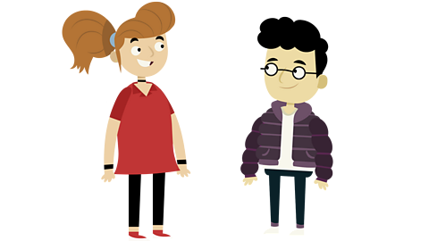 Girl with brown hair in a ponytail and a boy with black hair and glasses