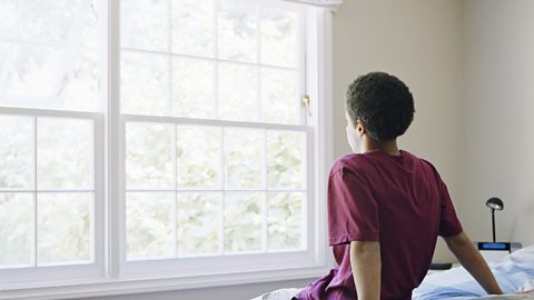 A boy sat on his bed staring out of an open window on a sunny day