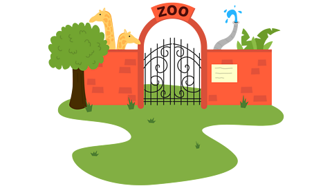 A zoo gate with giraffes and an elephant behind it.