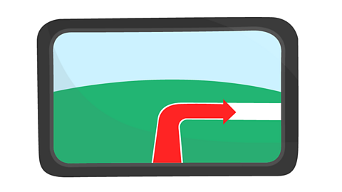 A sat nav showing an arrow for turning right