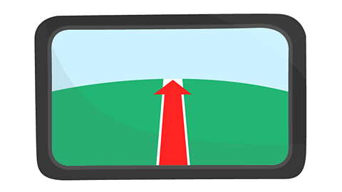 A sat nav with a red arrow indicating straight on.