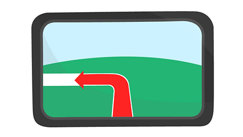 A sat nav with a red arrow showing turn left.