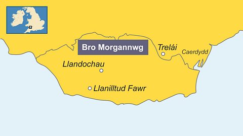 Map yn dangos Bro Morgannwg a lleoliad Llandochau, Llanilltud Fawr a Threlái