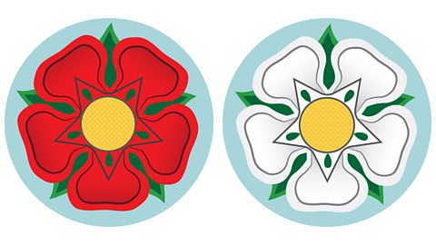 A red rose (Lancaster) on the left and a white rose (York) on the right