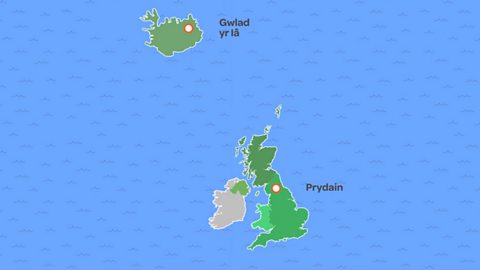 Map yn dangos Gwlad yr Iâ a Phrydain.