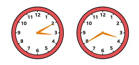 A clock showing 10 past 3 and another showing 20 to 4