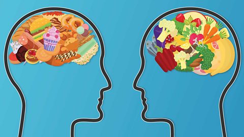 A graphic of two heads one with junk food in the shape of a brain in the head and the other head with healthy food in the shape of a brain in a head 