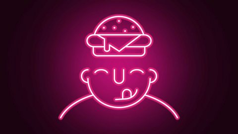 A graphic of a neon light in the shape of a head with a burger in the place of the forehead/brain. 