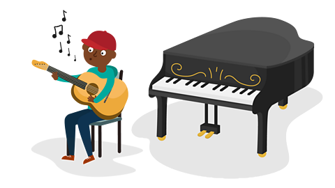 A boy playing guitar next to a grand piano