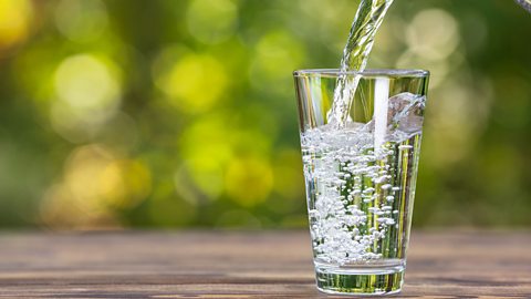 A glass of water being poured. The glass is on a brown table in front of some out of focus bushes/greenery.