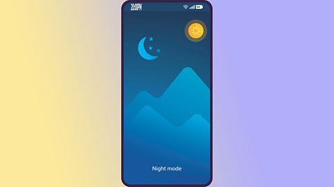 An illustrated mobile phone on a yellow and purple background. The phone is in night mode.