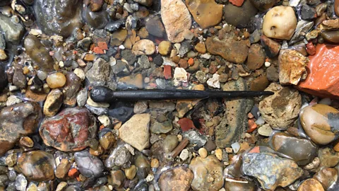 Stuart Wyatt Washed-up treasures include this Roman hair pin found by Stuart Wyatt, London Finds Liaison Officer (Credit: Stuart Wyatt)