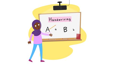A woman teaches handwriting on an interactive white board.
