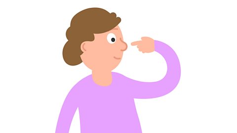 A woman pointing to her nose.