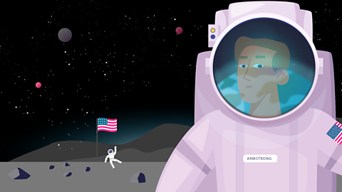 Neil Armstrong on the moon, earth reflected in visor, Buzz, space and flag in background