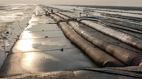 Wu Wei More than 11,000km of China's coastline is walled with concrete, such as here at the Yangtze estuary (Credit: Wu Wei)