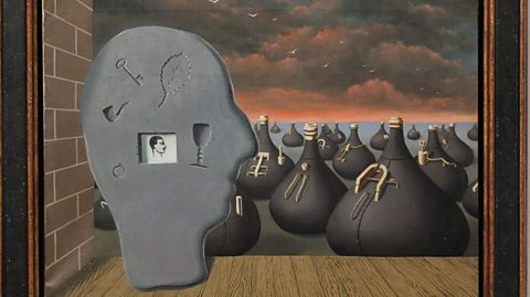 René Magritte’s ‘Spontaneous Generation’ juxtaposes a Sci-Fi scene against a realistic sky.